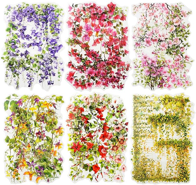 AuriicLeaf Floral Vine PET Stickers – 60PCS Vintage Botanical Design, Waterproof & Pre-Cut, Large Size for Journals, Junk Journals, Scrapbooking, and Craft