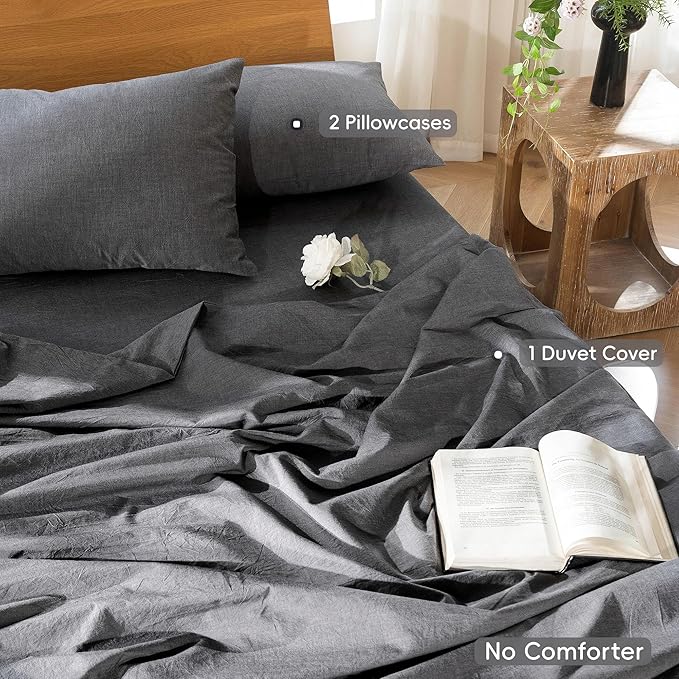 MooMee Bedding Duvet Cover Set 100% Washed Cotton Linen Like Textured Breathable Durable Soft Comfy (Heathered Dark Grey, King 104"x90")