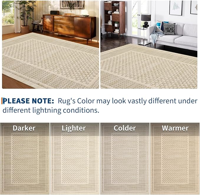 Washable Area Rug 9x12 Rug for Living Room Modern Plaid Large Area Rug for Bedroom Decor Farmhouse Non Slip Throw Rugs Low Pile Stain Resistant Carpet for Office Dining Room 9'x12' Beige