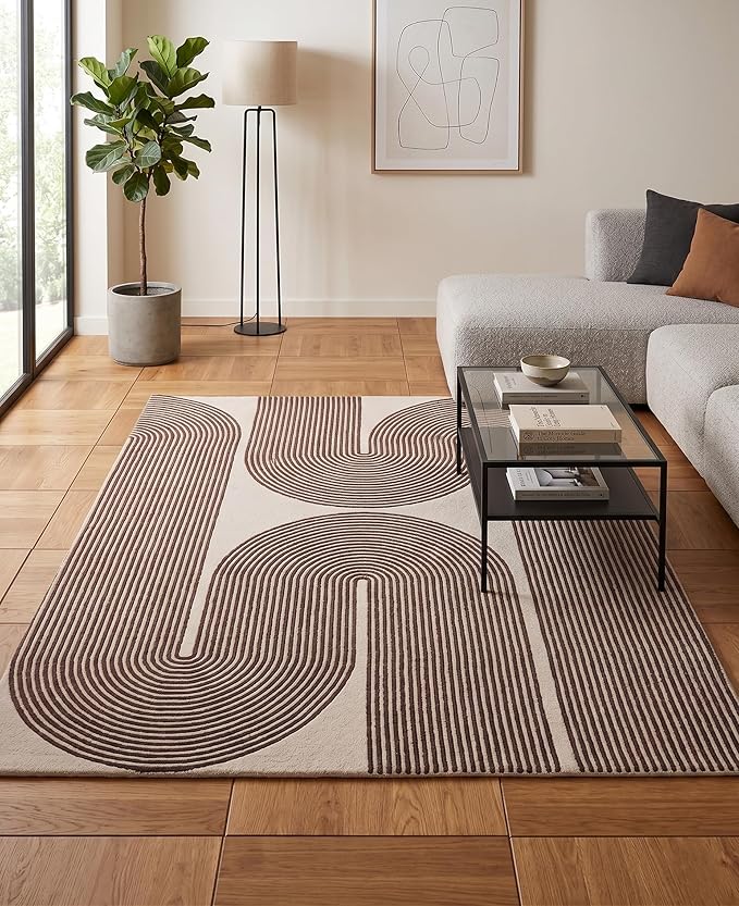 Modern Handmade Wool Area Rug, Abstract Curved Line Geometric Indoor Carpet for Living Room Bedroom, Contemporary Tufted Rug with Soft Pile and Cotton Backing (Cocoa Brown, 5' x 8')