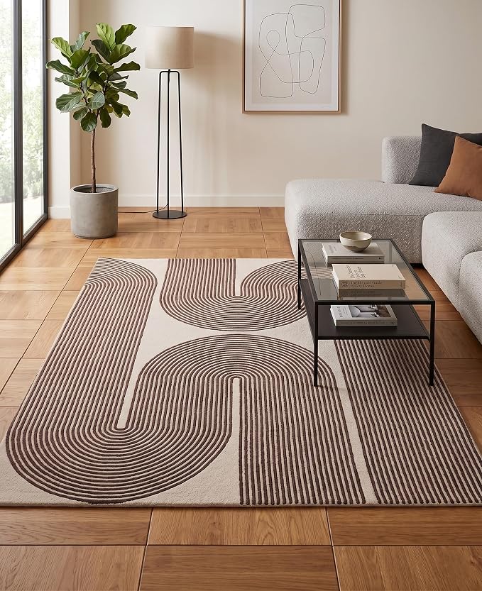 Modern Handmade Wool Area Rug, Abstract Curved Line Geometric Indoor Carpet for Living Room Bedroom, Contemporary Tufted Rug with Soft Pile and Cotton Backing (Cocoa Brown, 9' x 12')