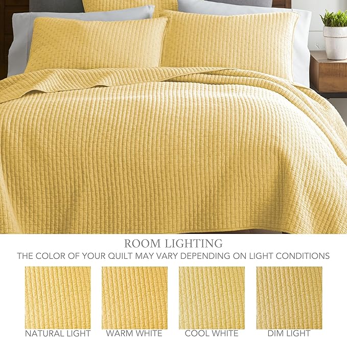 Levtex Home Cross Stitch Reversible King Bedspread Set (120x104in) with 2 Pillow Shams (36x20in) - Stitch Texture - Yellow - Cotton King Size Bedspread Set - Soft, Pre-Washed