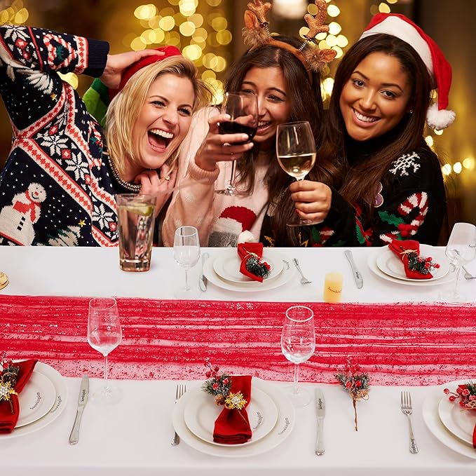 Snowkingdom 6 Pcs Red Glitter Table Runner 10 FT, Sheer Chiffon Sparkle Gauze Cheesecloth Mesh Runners 120 Inch, Red Table Centerpieces Decoration for Birthday Party Wedding Christmas Mothers Day