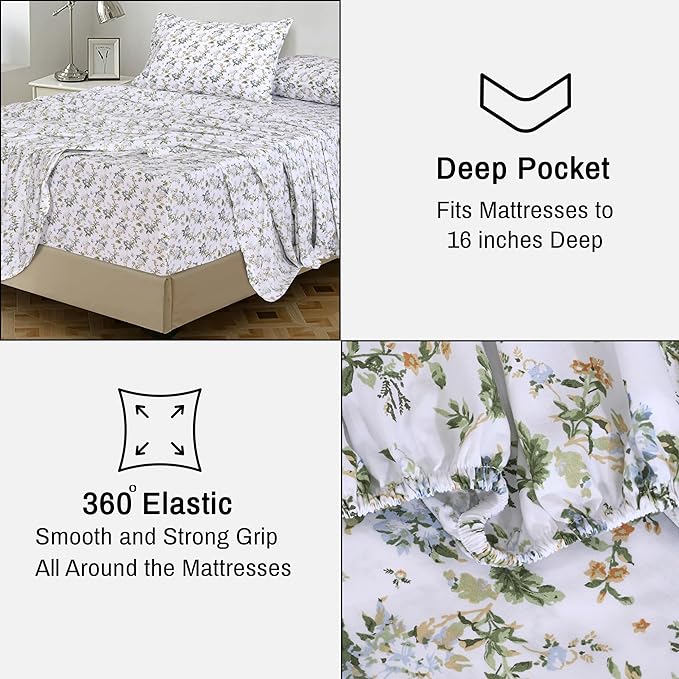 RUVANTI 100% Cotton Sheets Queen Size Set, 4 Pieces, Soft & Breathable Percale Weave Bedding, Deep Pocket 16", Hotel Standard, Crisp Cool Feeling, Durable, Perfect Floral Bed Sheet, Heritage