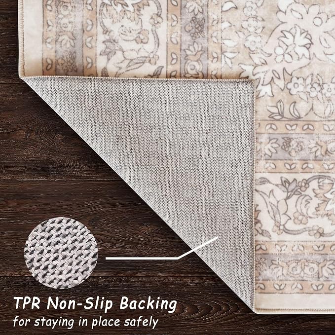 vivorug Beige 9x12 Area Rugs for Living Room, Non Slip Machine Washable Vintage Rug, Ultra-Thin Lightweight Large Area Rug for Bedroom, Dining Room, Low Pile Rug