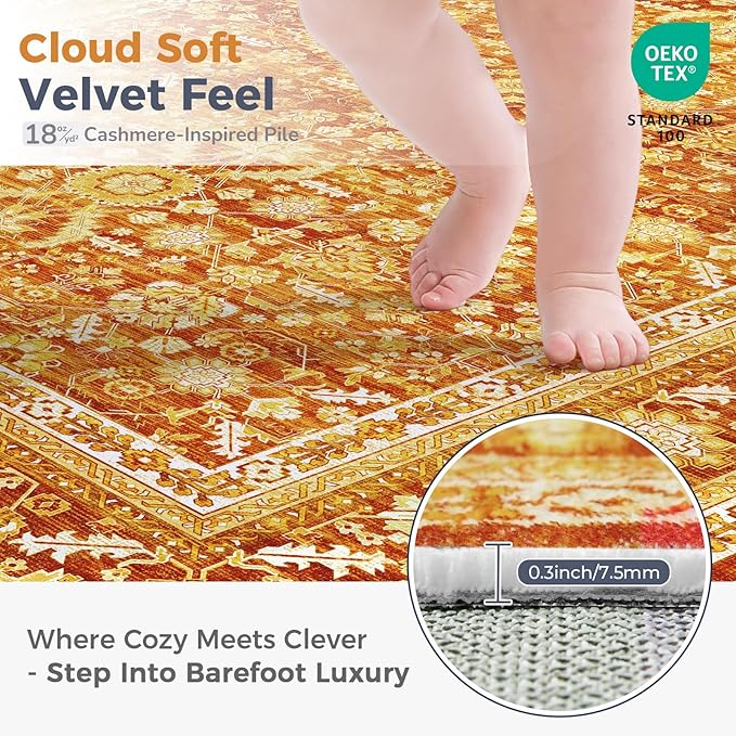 OPPODREAM Vintage Orange Round Rug 6ft, 6 ft Retro Washable Circle Rug Non Slip, Low-Pile Faux Wool Circular Carpet, Distressed Floor Mat for Living Room, Bedroom, Office, Dorm, Dinning Room