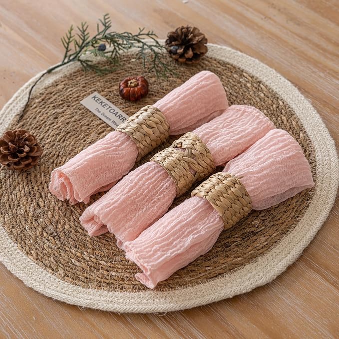 Cheesecloth Napkins 17x17 Inches Cloth Washable Reusable Handmade for Mothers Day Lunch Dinner Wedding Baby Bridal Shower Party Rustic Boho Decorations Bulk Set of 10 Pink