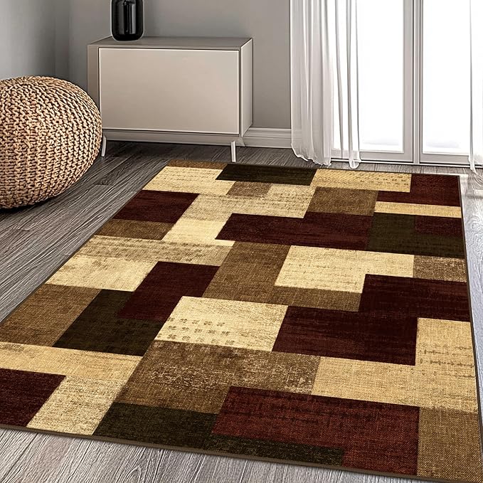 Modern Geometric Patchwork Indoor Area Rug for Living Room, Red 6x9 Large Rug Rockwood Collection Hardwood Floors Decor for Bedroom, Burgundy Throw Carpet for Office Entryway Dining Room