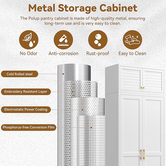 Kitchen Pantry Cabinet, 86 Inch Tall Metal Storage Cabinet, Metal Pantry cabinets with Doors and Shelves, White Storage Cabinets for Living, Dining, Office, Bathroom, Garage, Assembly Required