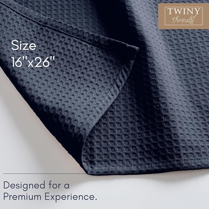 TWINY threads Waffle Kitchen Towel Set of 6, 16x26 Inches, Premium Large 100% Cotton Dishcloths with Hanging Loop, Absorbent, Quick Drying Cloths for Drying Dishes, Washable, Reusable, Navy Blue
