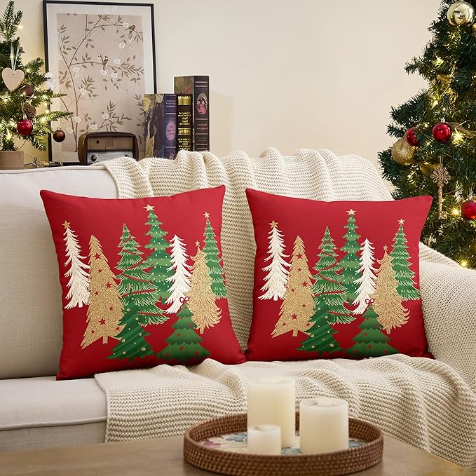 Christmas Pillow Covers 18x18 Inch Set of 2 Red Decorative Christmas Tree Throw Pillows Linen Winter Holiday Decor for Home Sofa Couch Bed Chair