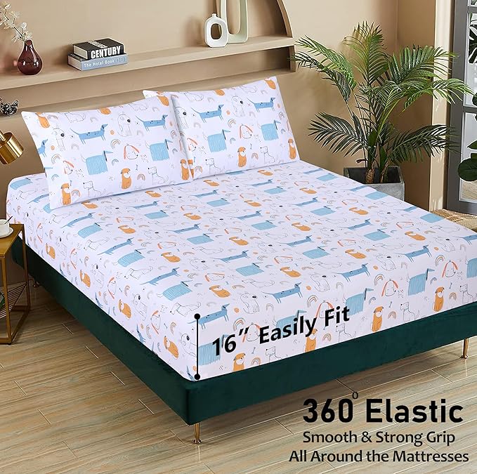 RUVANTI 100% Cotton Twin Sheets Set, 3 Pieces, Soft & Breathable Percale Weave Bedding, Deep Pocket 16", Hotel Standard, Crisp Cool Feel, Durable, Perfect Floral Bed Sheet, Puppy Me
