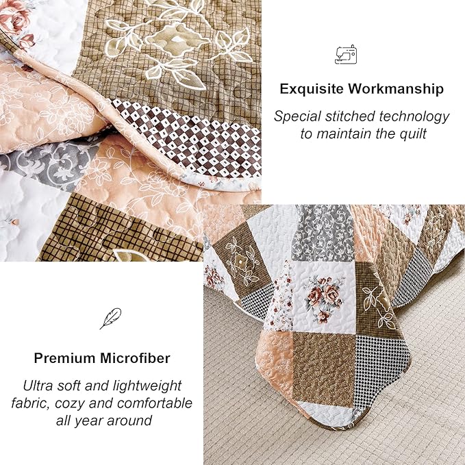 Dinjoy Floral Plaid Patchwork Quilt Set Queen Size, Reversible Brown Bedding Set Soft Microfiber Lightweight Bedspread Coverlet 3 Piece Fall Autumn Summer Use (90x90 inches)