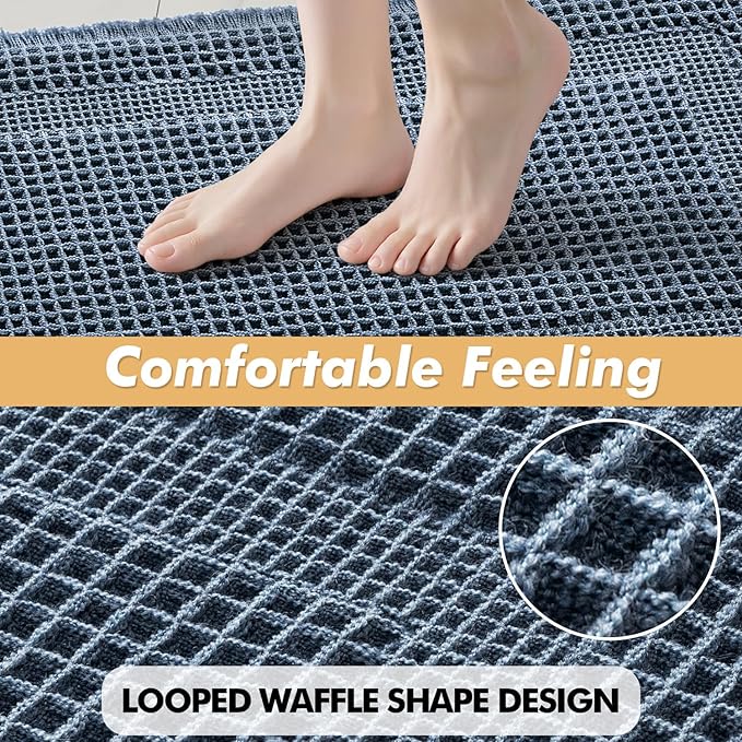 MIULEE Set of 2 Waffle Bathroom Rugs, Boho Bath Rug Super Absorbent, Non Slip Washable Ultra Soft Rubber Backed Shower Bath Mats for Floor, Tub, Shower, Looped Design, Blue, 17"x24"+18"x30"