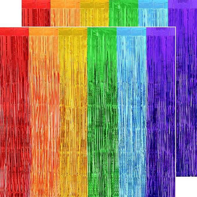 Rainbow Birthday Party Decorations, Rainbow Streamers Tinsel Foil Fringe Curtains - Thicken 2 Pack 3.2 x 8.2 FT - Photo Booth Props Backdrops for Fiesta, Mexican, Pride, Baby Shower Decorations