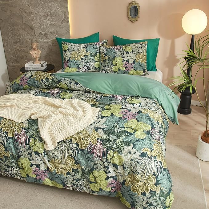 EAVD Tropical Leaves Duvet Cover Queen Soft Cotton Chic Plant Green Leaf Pattern Bedding Set with 2 Pillowcases Fresh Botanical Leaves Comforter Cover with Zipper Closure