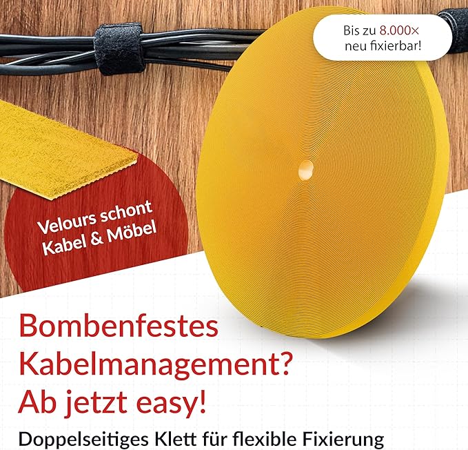 Label-the-cable Cable Management Ties Tape, Adjustable, Re-Useable/Cable Tidy/Hook and Loop Cord Organizer, Wire Management/PRO ROLL, 1 PCS, 25m x 16mm, Yellow, PRO 1240