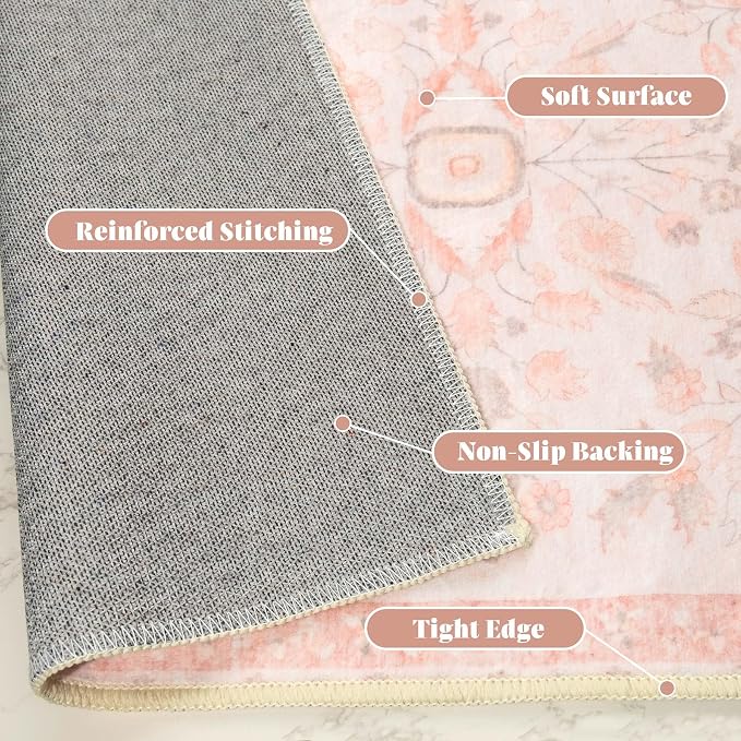 MUJOO Small Rug Washable,Pink 2x3 Area Rugs for Entryway,Floral Front Door Mat Indoor Entrance Entry Way,Boho Kitchen Bathroom Floor Rug Throw Carpet Non Slip Low Pile Vintage