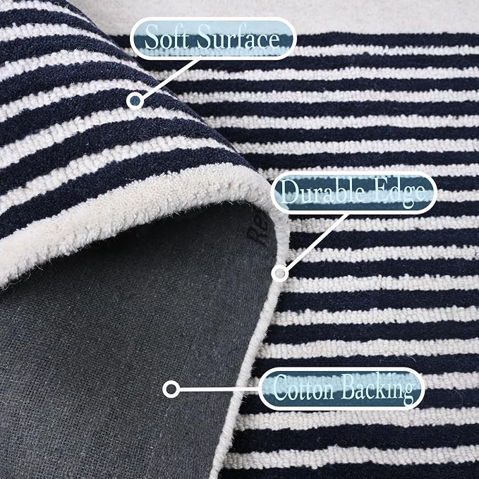 Modern Handmade Wool Area Rug, Abstract Curved Line Geometric Carpet for Living Room Bedroom, Contemporary Tufted Indoor Rug with Soft Pile and Cotton Backing (Ink, 5' x 8')