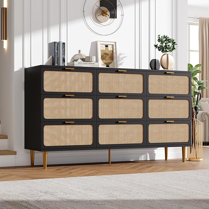 Garvee Rattan Dresser with 9 Drawers, Tall Modern Closet with Deep Storage, Large Chest of Drawers with Wide Top, Long Wooden Dresser for Bedroom, Living Room, Hallway, Kids Room, Black