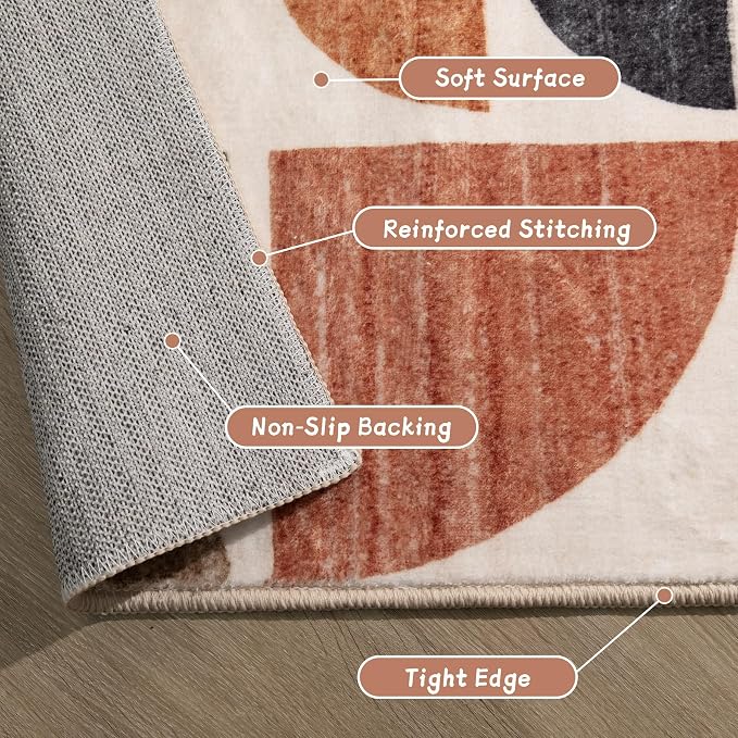 MUJOO Round Rugs 5ft,Circle Area Rug Washable,Circular Rugs for Living Room Dining Room,Boho Non Slip Throw Floor Carpet Modern Abstract Bohemian Terracotta