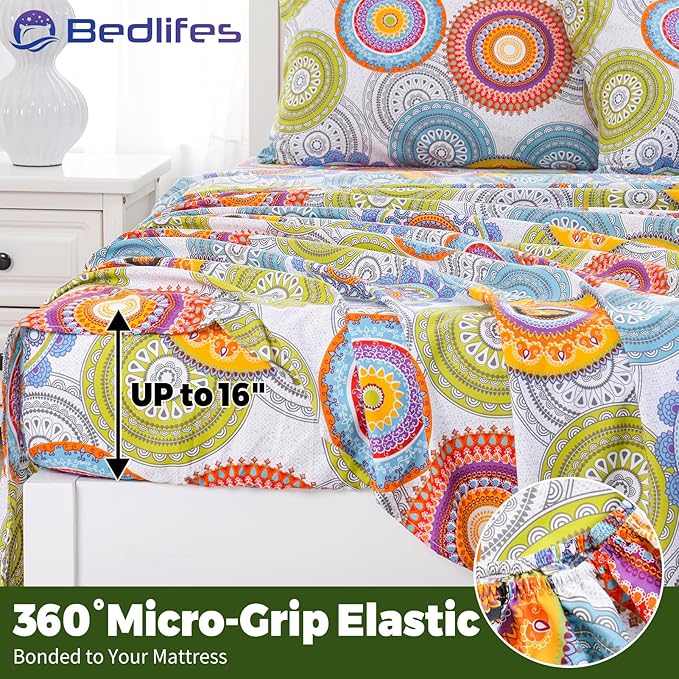 Bedlifes Twin Floral 3-Piece Sheet Set - Cooling Sheets Blend Rayon Derived from Bamboo,Soft & Breathable, Deep Pocket 16", Wrinkle Resistant - Mandala Patterned