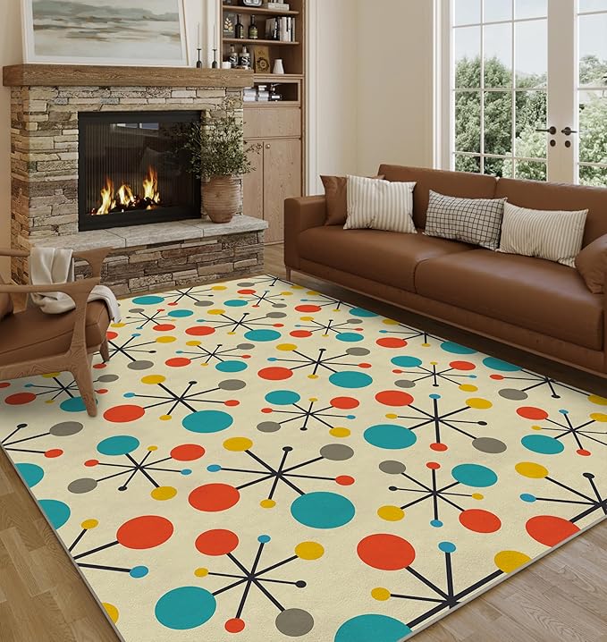 Retro Area Rug for Living Room Bedroom Dining Room 5x7, Mid Century Modern Atomic Living Room Rug Non-Slip, Yellow Floor Rug Carpet Machine Washable
