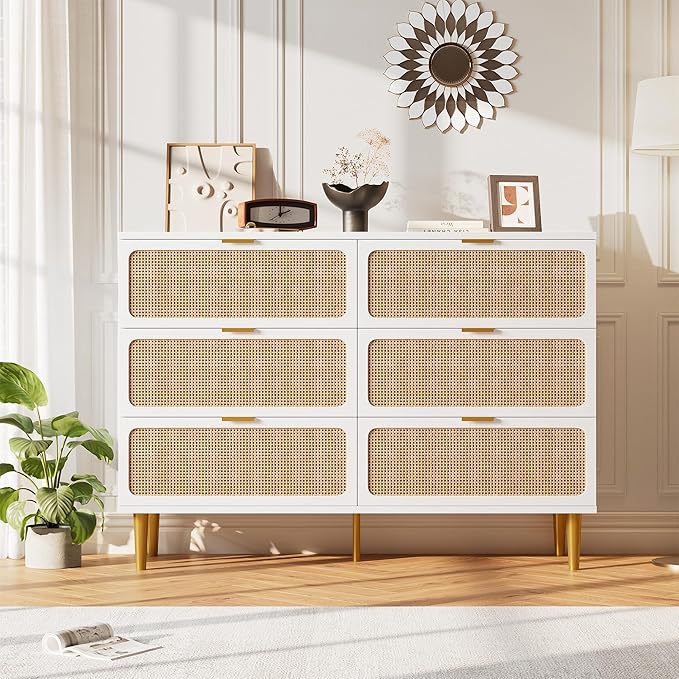 Garvee Rattan Dresser with 6 Drawers, Tall Modern Closet with Deep Storage, Large Chest of Drawers with Wide Top, Long Wooden Dresser for Bedroom, Living Room, Hallway, Kids Room, White