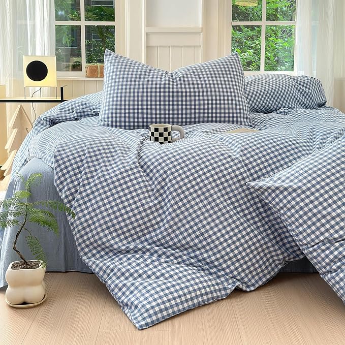 LifeTB Blue Gingham Comforter Set King 3 Pieces Modern Plaid Checkered Pattern Comforter Gingham Bedding Set Fluffy Soft Grid Plaid Bedding Comforter Farmhouse Checkered Comforter Set King Size