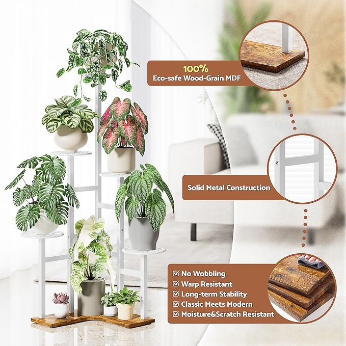 6 Tier Plant Stand Indoor Outdoor, Tall Metal Wood Shelf Tiered Planter Display Shelving Unit for Living Room Bedroom Balcony