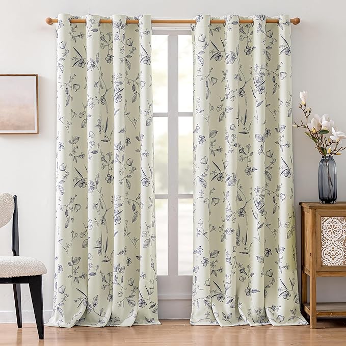 ChrisDowa Beige 100% Blackout Curtains 108 Inches Long 2 Panels for Bedroom Living Room Navy Blue Flower Patterned Room Darkening Thermal Insulated Soundproof Grommet Window Treatments Drapes,52X108
