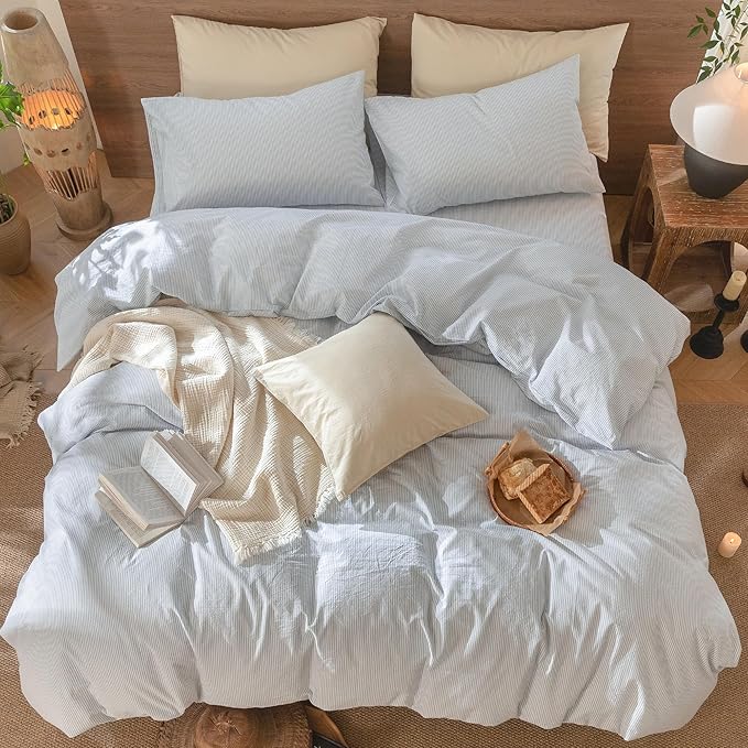 MooMee Striped Duvet Cover Set 100% Washed Cotton Linen Like Textured Breathable Durable Soft Comfy (Cornflower Blue White Pinstripes, Super Queen 90"x98")