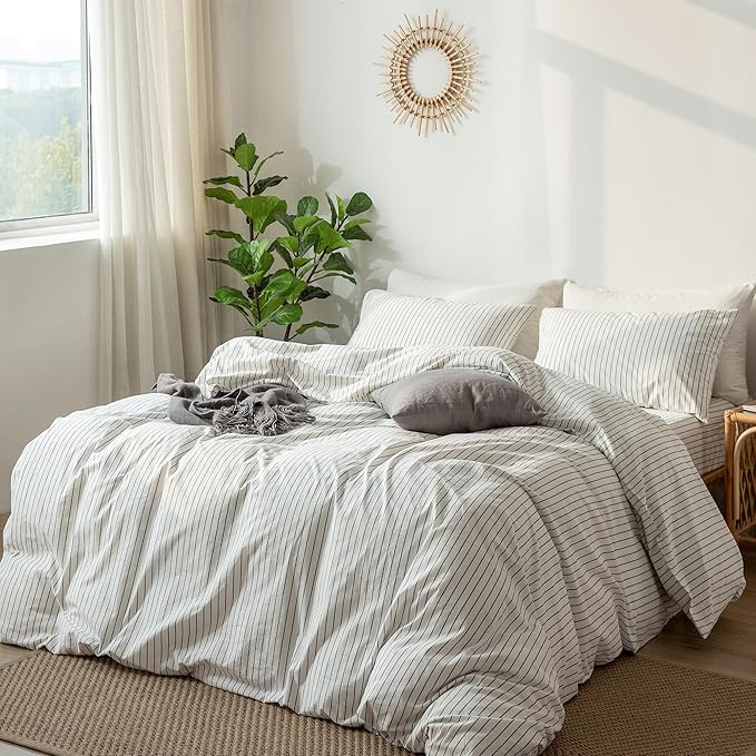 MooMee Striped Duvet Cover Set 100% Washed Cotton Linen Like Textured Breathable Durable Soft Comfy (White Dark Grey Wide Stripes, Full 80"x90")