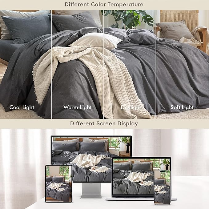 MooMee Bedding Duvet Cover Set 100% Washed Cotton Linen Like Textured Breathable Durable Soft Comfy (Heathered Dark Grey, Full 80"x90")