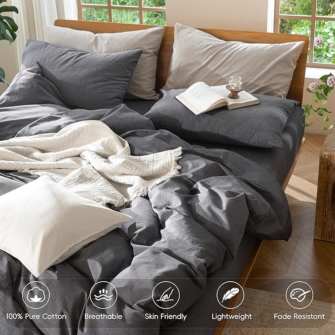 MooMee Bedding Duvet Cover Set 100% Washed Cotton Linen Like Textured Breathable Durable Soft Comfy (Heathered Dark Grey, Full 80"x90")