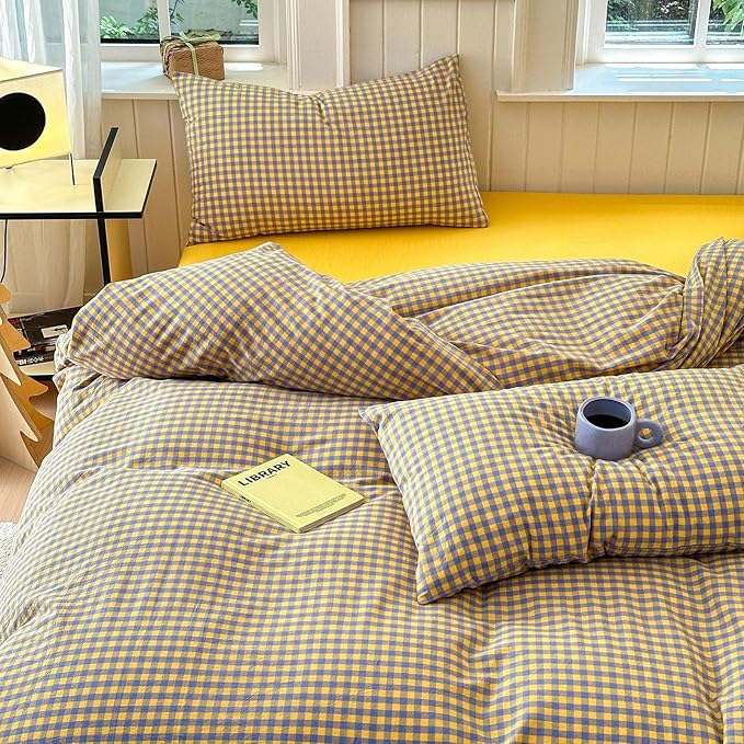 LifeTB Queen Comforter Set Purple Yellow Gingham Comforter Geometric Checkered Pattern Comforter Set Boho Grid Plaid Bedding Comforter Fluffy Soft Farmhouse Grid Bedding Set Queen Size Durable