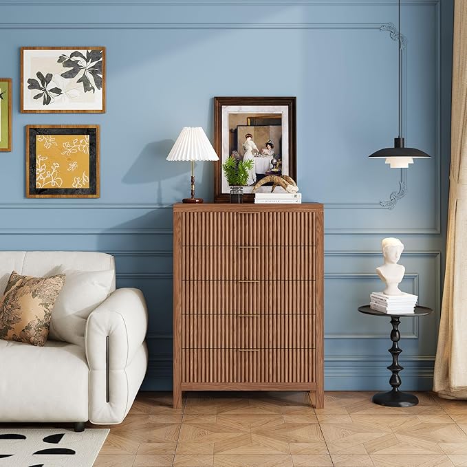 JZXSHD 43" 5 Drawer Dresser Tall Dresser Organizer TV Drawer Cabinet Modern Wood Storage Cabinet, Modern Wood Storage Cabinet for Bedroom, Hallway, Entryway, Walnut