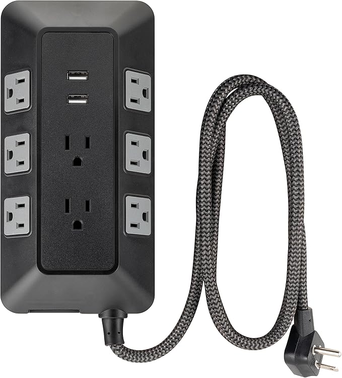 GE UltraPro Adapt 8-Outlet Surge Protector with USB Ports, 2 USB-A Ports, 2.4A, 3ft Braided Cord Power Strip Surge Protector, 1780 Joules, Black, 73776