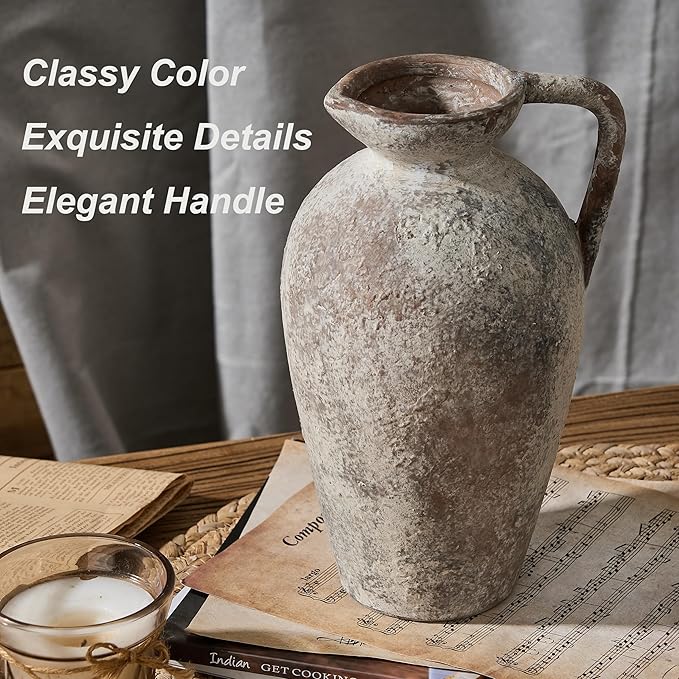 9.3 Inch Antique Ceramic Vase, Terracotta Vase with Handle, Tuscan Decor Farmhouse Decorative Vase, Rustic Vase for Home Decor, Living Room, Entryway, Wedding - Distressed Design, Gray