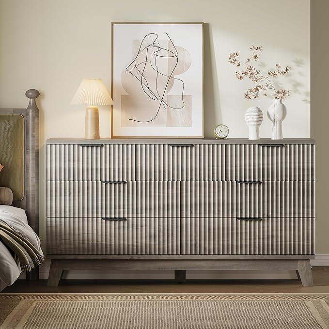 BORNOON 57" Long Dresser for Bedroom, 7-Drawer Fluted Chest, Wide Wood Storage Dresser with Metal Slides and Handles, Stable Base, Modern Clothes Organizer for Primary Suite, Guest Room, Nursery