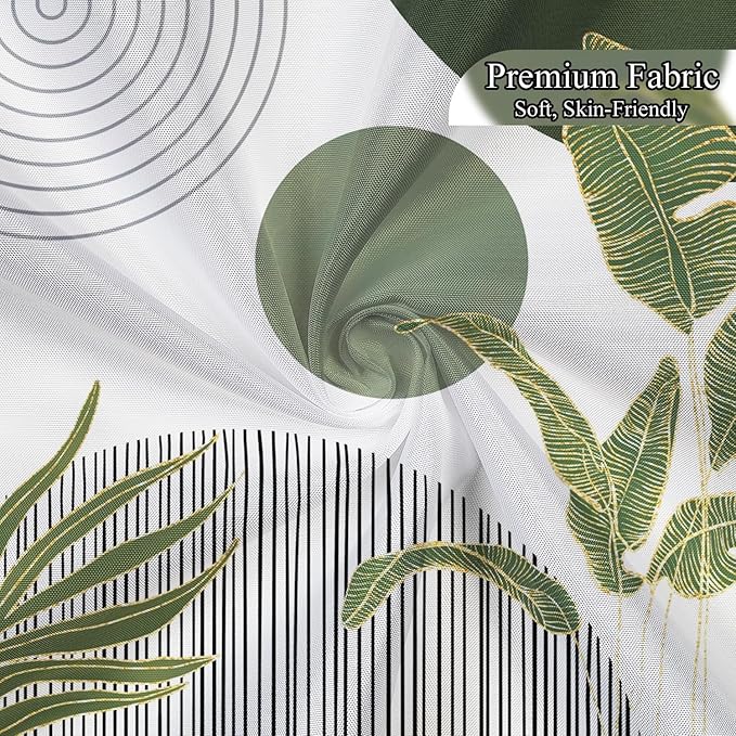 Mid Century Boho Shower Curtain, Abstract Modern Sun Minimalist Aesthetic Shower Curtain, Bohemian Geometric Arch Curve Leaves Neutral Art Fabric Bathroom Curtain Sage Green 72x72 inch
