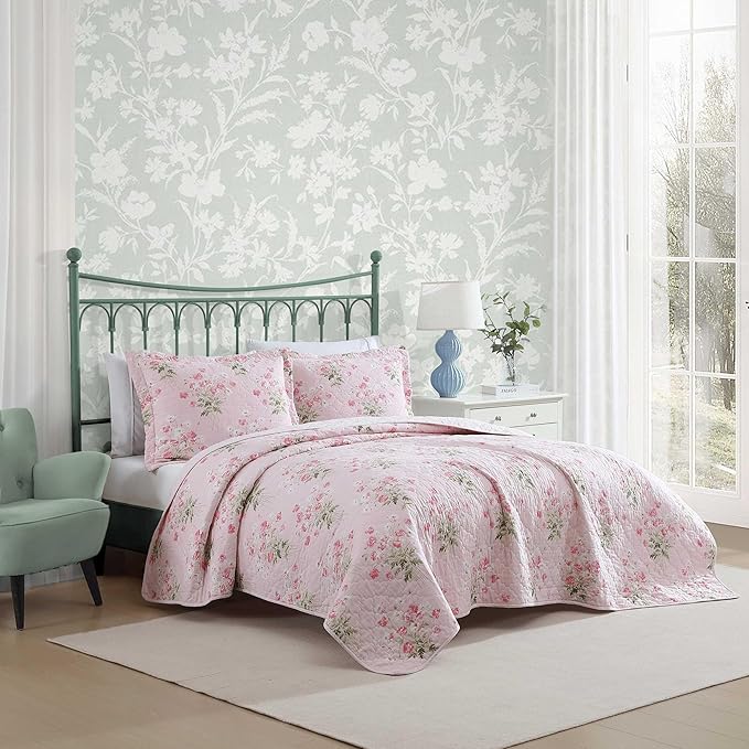 Laura Ashley - Twin Quilt Set, Reversible Cotton Bedding with Matching Sham, Medium-Weight for Year Round Use, Dorm Essentials, Coquette Room Decor (Veronicas Bouquet Pink)