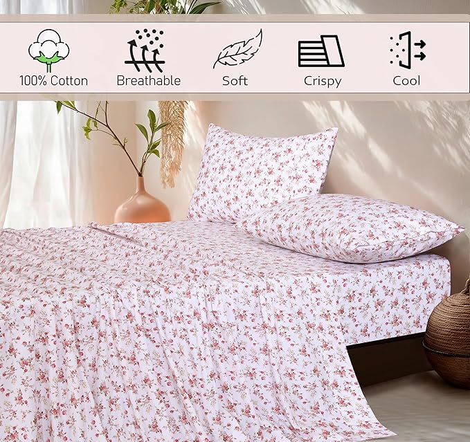 RUVANTI 100% Cotton Split King Sheets Sets for Adjustable Bed, 5 PCs, Soft & Breathable Percale Weave Bedding, Deep Pocket 16", Hotel Standard, Crisp Cool Feel & Durable, Floral Sheet, Bouquet