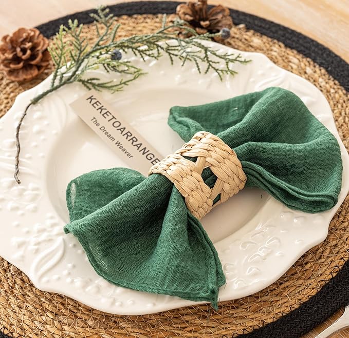Cloth Napkins 17x17 Inches, Set of 10 Emerald Green Cotton, Includes 10 Sisal Ropes, Perfect for Lunch, Dinner, Wedding, Baby Shower, Boho Decorations