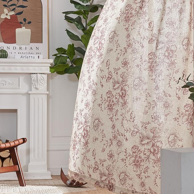 jinchan Linen Blend Curtain Floral Curtains for Living Room 45 Inch Length Christmas Brick Red Printed Curtain Rod Pocket Back Tab Farmhouse Peony Flower Patterned Drapes Curtains Set 2 Panels