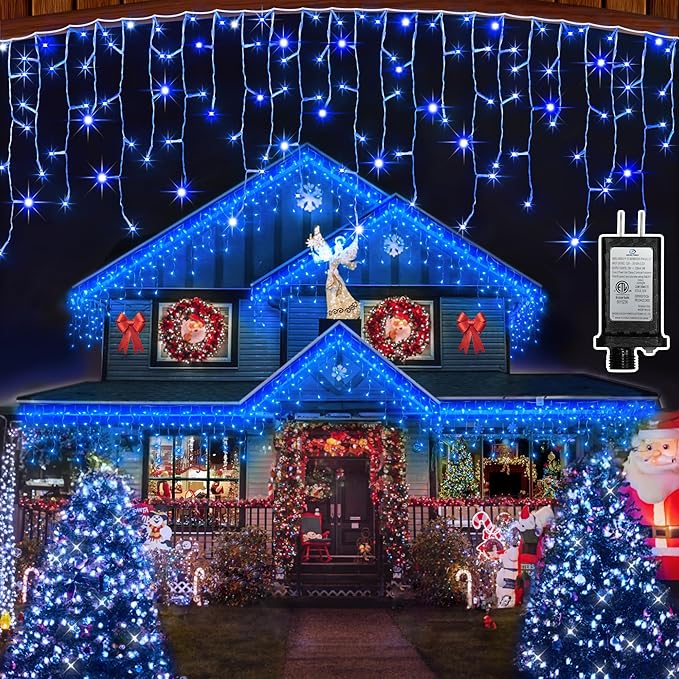 792 LED Christmas Outdoor Lights with 176 Drops, 82ft Hanging Curtain Lights 8 Modes, Christmas Fairy Lighs with Timer & Memory for House Roof Holiday Wedding ChristmasDecor (Blue)