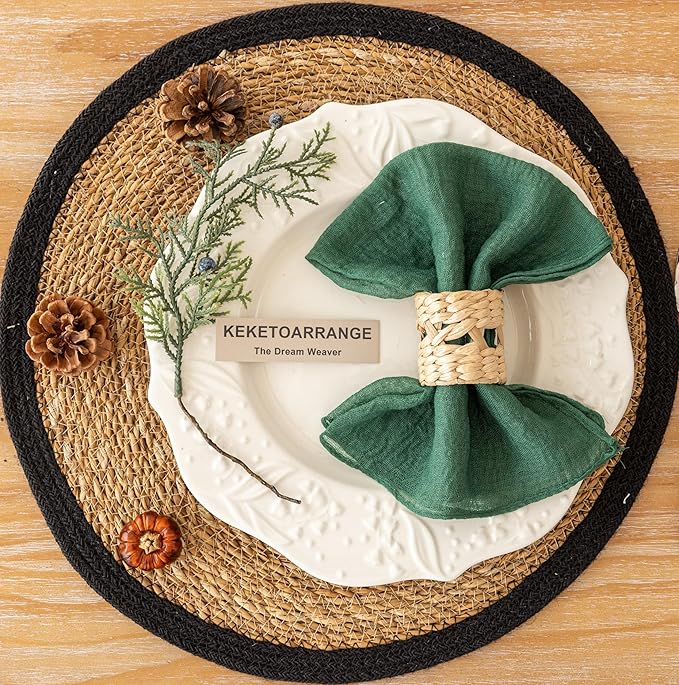 Cloth Napkins 17x17 Inches, Set of 10 Emerald Green Cotton, Includes 10 Sisal Ropes, Perfect for Lunch, Dinner, Wedding, Baby Shower, Boho Decorations