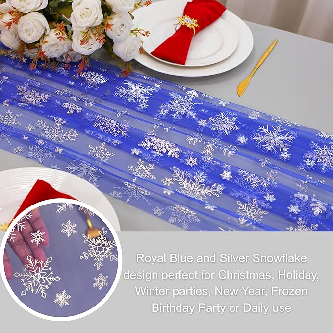 Snowkingdom Blue Silver Christmas Snowflake Table Runner 10ft, Royal Blue Tulle Gauze Sheer 120 Inch Winter Cheesecloth Table Runner for Seasonal Holiday Party, New Year, Wedding Dining Table Decor