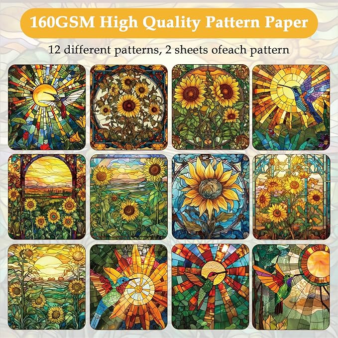 Scrapbook Paper,24 Sheets 6"x 6" Decorative Papers,Single-Sided Vivid Origami Decoupage Paper for Card Making,DIY Album, Hand Account & Travel Diary Craft Projects,Glass Sunflower