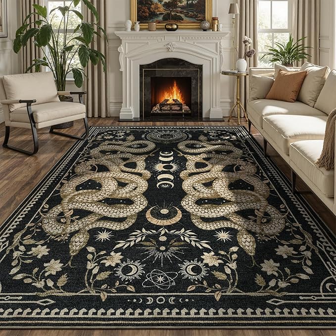 DCX Washable 6x9 Snake Rug, Black Gothic Rug for Living Room, Soft Low Pile Carpet, Kid & Pet Friendly with Rubber Back Non Slip, Stain Resistant Rug for Bedroom Dining Room Office